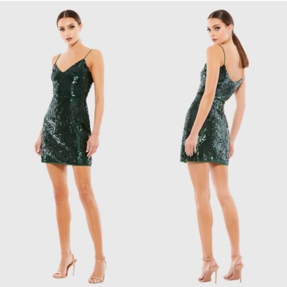 Mac Duggal 93646 Spaghetti Strap Mini Short Sequin Dress Emerald Green Size 8